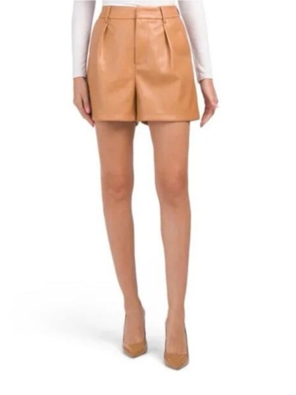 7 For All Mankind Pleated High Rise Vegan Leather Shorts Sz S Camel Brown Cognac